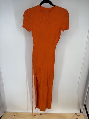 Anna October Orange Ribbed Cutout Short Sleeve Dress